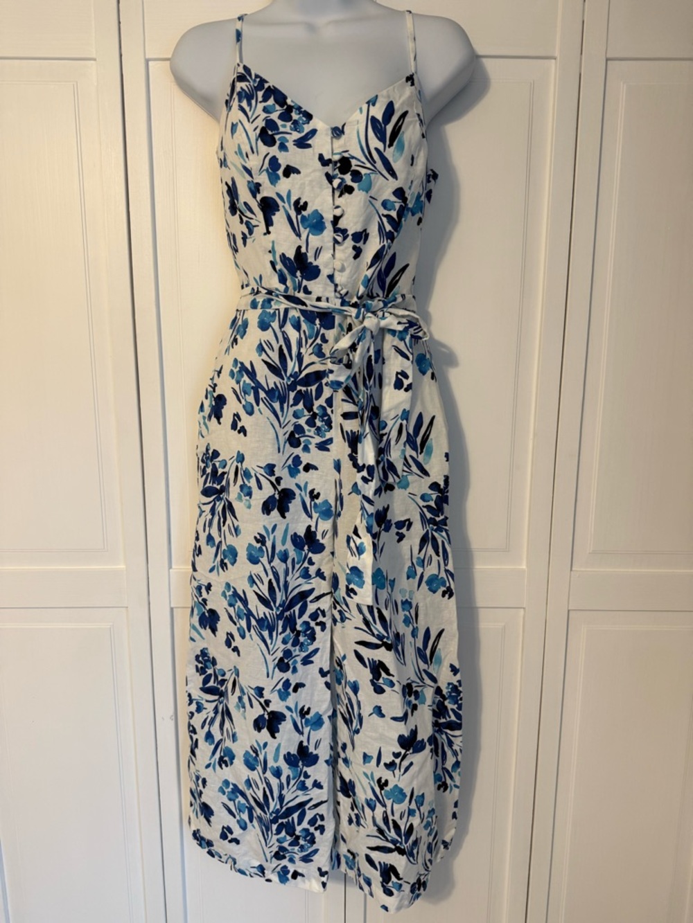 Banana Republic White Linen Jumpsuit with Blue Floral Print - Size 2